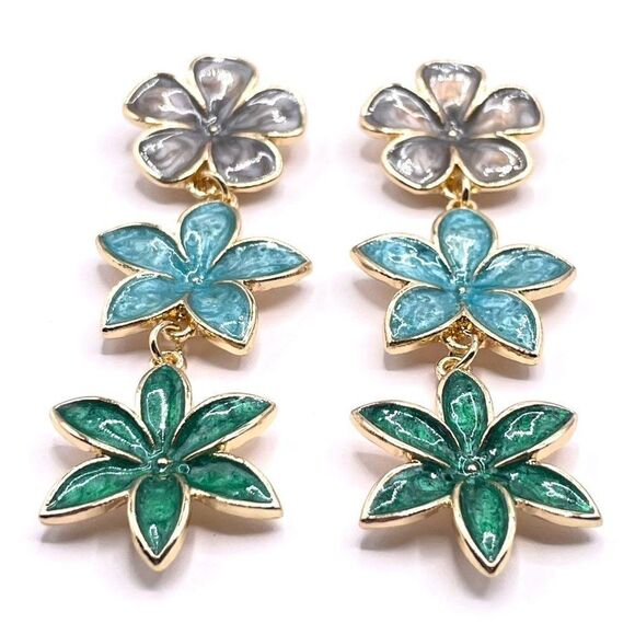 Long Yellow Gold with Oil Drip Flower Trio Post Back Dangling Earrings - Picture 2 of 6